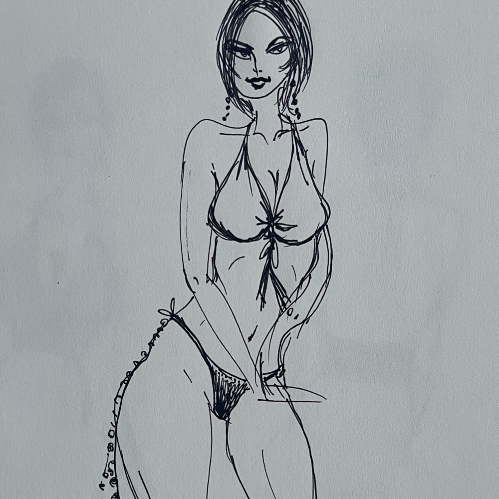 Pen on drawing paper . Sexy girl lace up heels pretty smile . Signed by artist